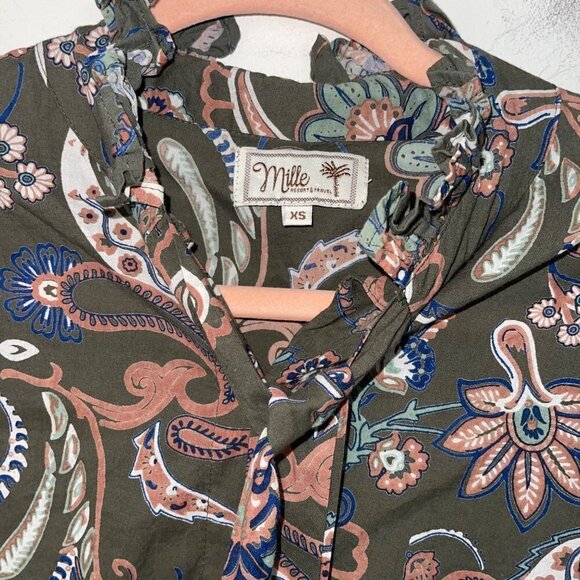 Mille Top Size XS Green Multicolor Le Marais Paisley Button Front Tie Neck - Picture 5 of 10